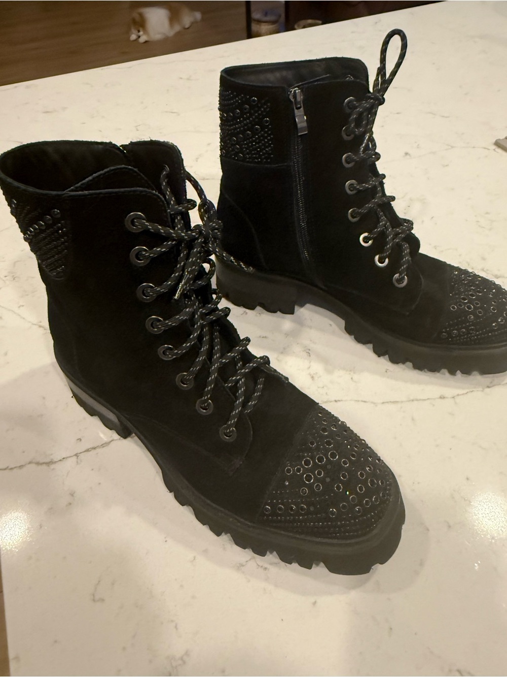 Vince Camuto Black Suede Lace-Up Ankle Boots with Stud Embellishment